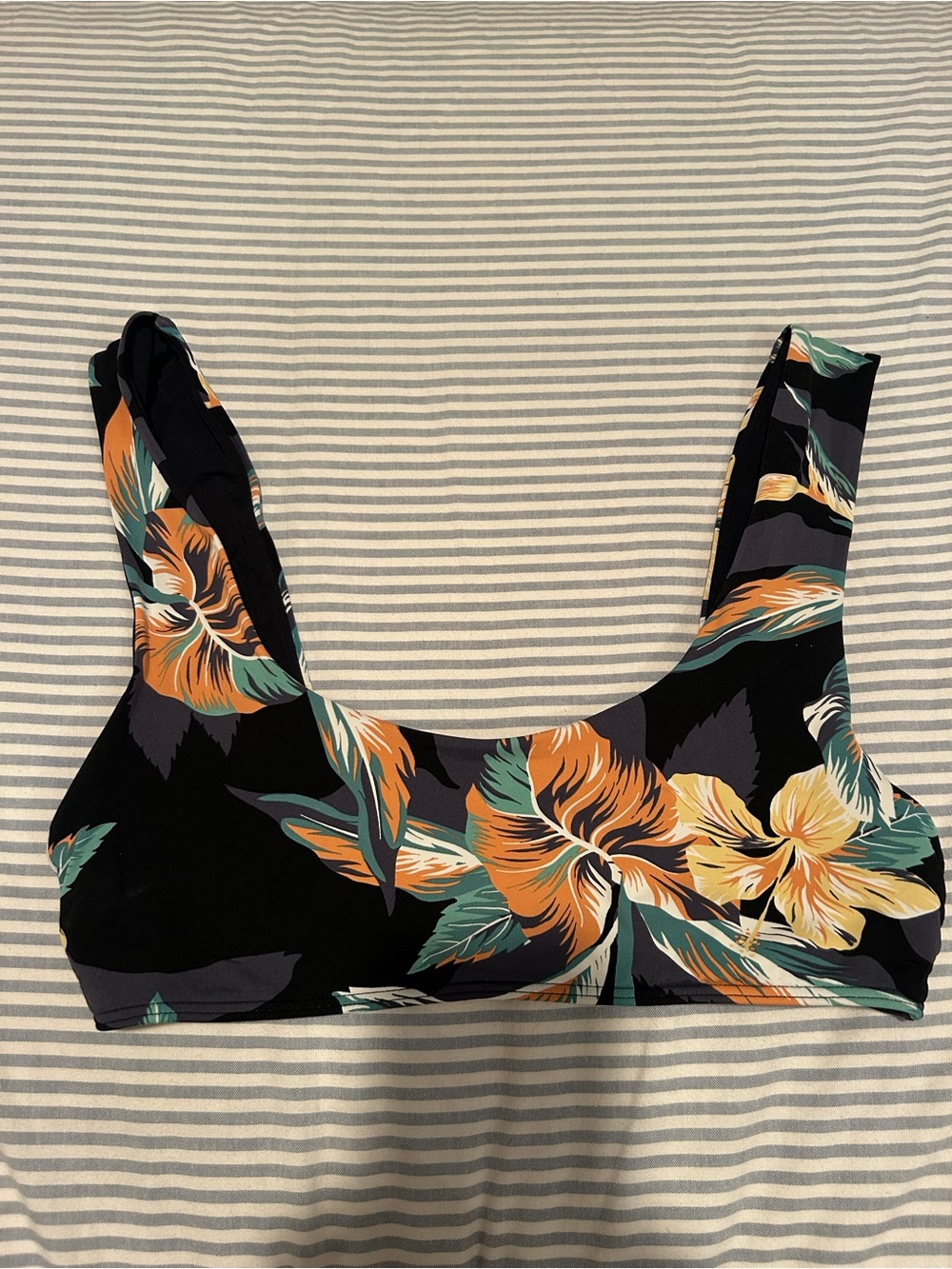 Black Floral Scoop Neck Women's Bikini Top
